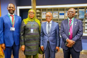 L-R: Chairman Governing Board, Nigerian Maritime Administration and Safety Agency, NIMASA, Yusuf Hamisu Abubakar; Chairman House of Representatives Committee on Maritime Safety, Education and Administration, Rt. Hon. Khadija Bukar Abba Ibrahim; Minister of Marine and Blue Economy, H.E, Adegboyega Oyetola, CON and Director General, NIMASA Dr Dayo Mobereola during the International Maritime Organization’s (IMO) Council Elections in London