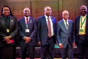 L-R: Executive Director, Finance and Administration, Nigerian Ports Authority, NPA, Vivian C. Richard-Edet; Director General, Nigerian Maritime Administration and Safety Agency (NIMASA), Dr Dayo Mobereola; Director Maritime Safety and Security, Federal Ministry of Marine and Blue Economy, FMMBE, Babatunde Bombata; Minister of Marine and Blue Economy, H.E, Adegboyega Oyetola, CON and Permanent Secretary, FMMBE, Olufemi Oloruntola during the International Maritime Organization’s (IMO) Council Elections in London.