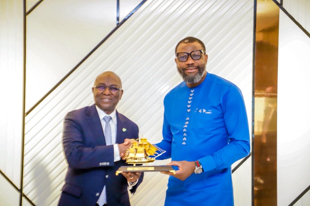Director General, Nigerian Maritime Administration and Safety Agency, NIMASA, Dr Dayo Mobereola presenting a souvenir to President, Shipowners Association of Nigeria, Mr Sonny Eja during a courtesy visit by the SOAN Exco to NIMASA headquarters in Lagos