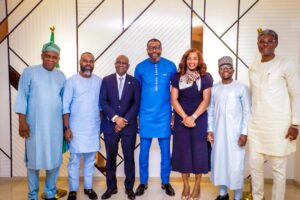 L-R: Executive Director, Operations - NIMASA, Engr. Fatai Adeyemi; Financial Secretary/Treasurer, Shipowners Association of Nigeria (SOAN), Mr. Babalola Adefarati; NIMASA Director General, Dr. Dayo Mobereola; President, Shipowners Association of Nigeria, Mr Sonny Eja; Chairperson, Technical Committee, SOAN, Ms. Iroghama Ogbeifun; Executive Director Maritime Labour and Cabotage Services, NIMASA, Mr. Jibril Abba; and Chairman Finance & Membership Committee, SOAN, Mr. Emmanuel Okene during a courtesy visit by the SOAN Exco to NIMASA headquarters  in Lagos