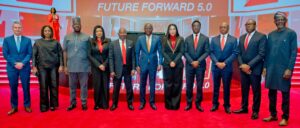 L-R: Executive Vice President, CNN International Commercial, Phil Nelson; Founder & CEO, Beyond Limits Africa and Non-Executive Director, Zenith Bank, Dr. Juliet Ehimuan; Managing Director/CEO, NIBSS, Premier Oiwoh; Executive Director, Zenith Bank, Mrs. Adobi Nwapa; Founder & Chairman, Zenith Bank, Jim Ovia, CFR; Governor of Lagos State, Mr. Babajide Sanwo-Olu; Group Managing Director/CEO, Zenith Bank, Dame Dr. Adaora Umeoji, OON; Executive Director, Zenith Bank, Mr. Akin Ogunranti; Executive Director, Zenith Bank, Mr. Louis Odom; Executive Director, Zenith Bank, Mr. Adamu Lawani; and Director, Information Technology Infrastructure Solutions, NITDA, Mr. Oladejo Olawumi during the Zenith Bank Tech Fair Future Forward 5.0 held at the Eko Convention Centre, Eko Hotels & Suites, Victoria Island, Lagos, recently.