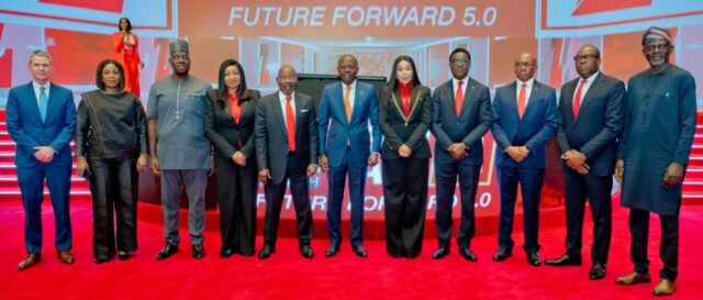 L-R: Executive Vice President, CNN International Commercial, Phil Nelson; Founder & CEO, Beyond Limits Africa and Non-Executive Director, Zenith Bank, Dr. Juliet Ehimuan; Managing Director/CEO, NIBSS, Premier Oiwoh; Executive Director, Zenith Bank, Mrs. Adobi Nwapa; Founder & Chairman, Zenith Bank, Jim Ovia, CFR; Governor of Lagos State, Mr. Babajide Sanwo-Olu; Group Managing Director/CEO, Zenith Bank, Dame Dr. Adaora Umeoji, OON; Executive Director, Zenith Bank, Mr. Akin Ogunranti; Executive Director, Zenith Bank, Mr. Louis Odom; Executive Director, Zenith Bank, Mr. Adamu Lawani; and Director, Information Technology Infrastructure Solutions, NITDA, Mr. Oladejo Olawumi during the Zenith Bank Tech Fair Future Forward 5.0 held at the Eko Convention Centre, Eko Hotels & Suites, Victoria Island, Lagos, recently.