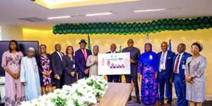 From 7th left; Executive Director, Maritime Labour and Cabotage Services, Nigeria Maritime Administration and Safety Agency, NIMASA, Jibril Abba; Director General NIMASA, Dr Dayo Mobereola; Executive Director, Finance and Administration, NIMASA, Chudi Offodile and Directors of NIMASA during a surprise reception organized by staff of the Agency to commemorate Nigeria’s recent election into the Category C Council of the IMO at the NIMASA headquarters in Lagos.