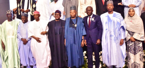 L-R: Nasarawa State Governor, Abdullahi Sule; Gombe State Governor, Muhammadu Inuwa Yahaya; Kano State Governor, Abba Kabir Yusuf; Chairman, Aliko Dangote Foundation, Aliko Dangote; Vice President of Federal Republic of Nigeria, Kashim Shettima; Lagos State Governor, Babajide Sanwo-Olu; Borno State Governor, Prof. Babagana Zulum; Minister of State for Education, Prof. Suwaiba Sa'id Ahmad, at the launching of Aliko Dangote Foundation (ADF) N100 Billion Education Scholarship Initiative nationwide in Lagos on Thursday, December 11, 2025