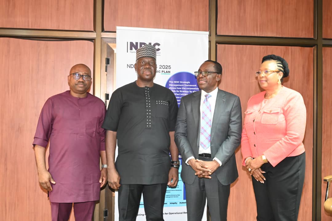L - R: EXPLORING COLLABORATION: Deputy General Manager, Enterprise Support Services, Nigeria Interbank Settlement System (NIBSS), Mr Bola Enigbokan, Managing Director/CE, Mr. Premier Oiwoh; Managing Director/CE, Nigeria Deposit Insurance Corporation, Mr. Thompson Oludare Sunday; and ED (Corporate Services, Emily Osuji during a courtesy visit by NIBSS Management team to the NDIC.