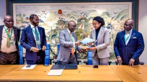 L-R: Executive Director, Nigerian Maritime Administration and Safety Agency, NIMASA, Engr. Fatai Taiye Adeyemi; Board Chairman, NIMASA, Hon. Yusuf Hamisu Abubakar; Director General, Nigerian Maritime Administration and Safety Agency, NIMASA, Dr Dayo Mobereola; Alternate Permanent Representative of Tanzania’s Mission to International Maritime Organisation, Dr. Devotha Edward Mandanda and Nigerian Alternate Permanent Representative at the IMO William Bwala during the signing of a Memorandum of Understanding between NIMASA and TASAC in Londo