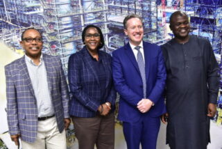 L-R, Dangote Industries Limited, Group Chief Brand & Communications Officer, Anthony Chiejina, Dangote Petroleum Refinery, Chief HR Officer, Gloria Byamugisha; Dangote Petroleum Refinery, Managing Director/ CEO, David Bird; Dangote Petroleum Refinery, Head Admin, Musa Bala; During the Managing Director/ CEO, Dangote Petroleum Refinery Limited, Meeting with the Press in Lekki Lagos on Wednesday 14th January 2026.