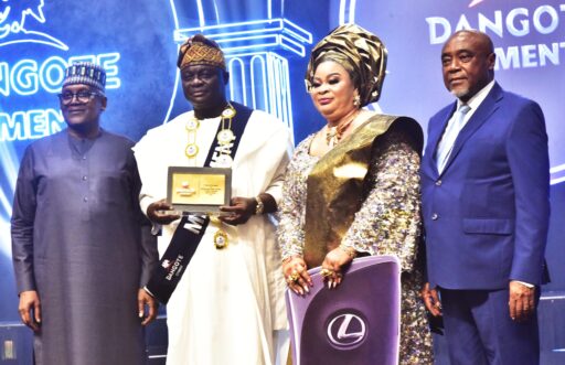 L-R: President/CE, Dangote Industries Limited, Aliko Dangote; Overall Winner, Otunba Kazeem Olayemi Odeyeyiwa, MD/CEO Kazab Heritage Limited and his wife, Chief Mrs Adesola Odeyeyiwa; Chairman, Dangote Cement Plc, Emmanuel Ikazoboh at the Dangote Cement Plc 2025 Customer Award Night and Celebration, in Lagos on Wednesday, 14 January, 2026.