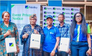 L–R: Head Teacher/School Manager, Aiyetoro African Church Primary School, Okoro Chineye Patricia; School Manager, Adekunle Anglican Nursery & Primary School, Tinubu Abimbola; Head, Legal Services Division, Fidelity Bank Plc, Kingsley Ohiri;  School Manager, Makoko Anglican Nursery & Primary School, Olaoye Joseph; and Team Lead, Corporate Social Responsibility, Fidelity Bank Plc, Victoria Abuka;  during the presentation of educational kits to pupils of Adekunle, Makoko, and Aiyetoro Nursery and Primary Schools in the Makoko area of Yaba, Lagos.