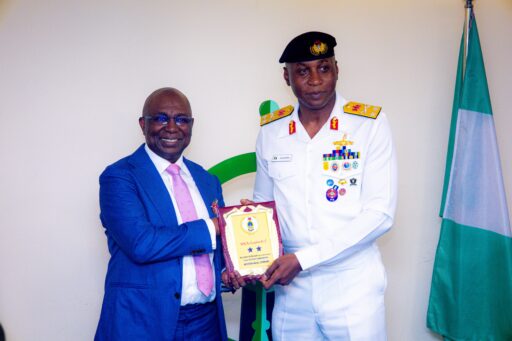 Director General, Nigerian Maritime Administration and Safety Agency, NIMASA, Dr Dayo Mobereola (left) and the Flag Officer Commanding, Western Naval Command (FOC-WNC), Rear Admiral Abdullahi Mustapha during a courtesy visit by the FOC to the NIMASA headquarters in Lagos.
