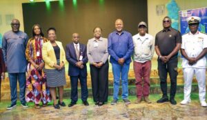 From 2nd left: Director, Marine Environment Management, Nigerian Maritime Administration and Safety Agency, NIMASA, Dr Oma Offodile; Director, Cabotage Services, NIMASA, Gloria Anyasodo; Director, Shipping Development, NIMASA,  Abdullahi Yelwa; Registrar of Ships, Iyelolu Adenike; CEO STARZS Marine and Engineering Ltd. Engr. Greg Ogbeifun and others during the stakeholders’ breakfast meeting organised by the NIMASA at the Nigerian Maritime Resource Development Centre in Kirikiri, Lagos.