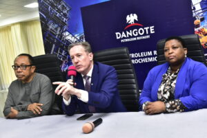 Group Chief Brand & Communications Officer, Dangote Industries Limited, Anthony Chiejina; 
: Dangote Petroleum Refinery, Managing Director/ CEO, David Bird; Dangote Petroleum Refinery Head Economic Scheduling and Planning, (EPS), Lindelani Zondi; During the Press Conference on the State of Dangote Petroleum Refinery in Lekki Lagos on Wednesday 4th  February 2026.