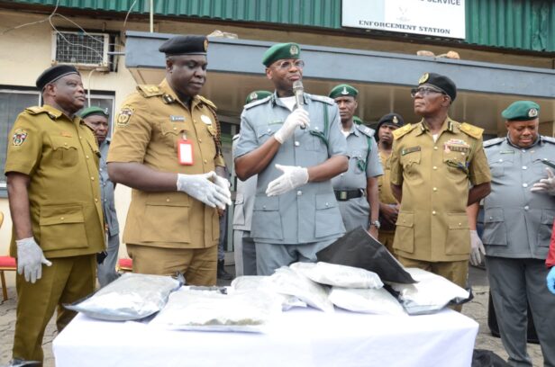 Comptroller Frank Onyeka (M) flanked by NDLEA Officials during the press briefing to announce the seizure of of 1×40ft container of Cannabis Indica on Wednesday 5th Feb. 2026