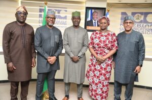 L- R: Abraham Oshadami, Executive Commissioner Technical Services, Nigerian Communications Commission, NCC; Tony Emoekpere, President, Association of Telecom Companies of Nigeria, ATCON; Dr Aminu Maida, Executive Vice-Chairman/CEO, NCC; Rimini Makama, Executive Commissioner Stakeholder Management, NCC; Muhammed Rudman, Vice President, ATCON/ CEO IXPN, during a courtesy visit by the ATCON Members on the 17th February 2026, at the Commission's Headquarters, Abuj