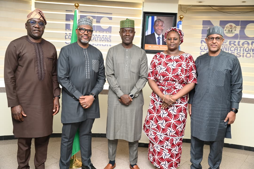 L- R: Abraham Oshadami, Executive Commissioner Technical Services, Nigerian Communications Commission, NCC; Tony Emoekpere, President, Association of Telecom Companies of Nigeria, ATCON; Dr Aminu Maida, Executive Vice-Chairman/CEO, NCC; Rimini Makama, Executive Commissioner Stakeholder Management, NCC; Muhammed Rudman, Vice President, ATCON/ CEO IXPN, during a courtesy visit by the ATCON Members on the 17th February 2026, at the Commission's Headquarters, Abuj