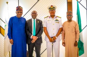 L-R: Executive Director, Operations, Nigerian Maritime Administration and Safety Agency, NIMASA, Engr Fatai Taiye Adeyemi; Director General, NIMASA, Dr. Dayo Mobereola; newly appointed Commander of the Maritime Guard Command at NIMASA, Commodore Adoki and Executive Director, Maritime Labour and Cabotage Services, NIMASA at the NIMASA headquarters in Lagos.