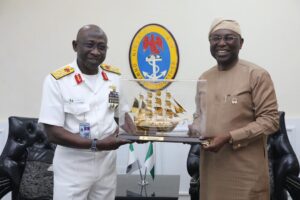 Director General, Nigerian Maritime Administration and Safety Agency, NIMASA, Dr Dayo Mobereola (right) and Chief of the Naval Staff, Vice Admiral Idi Abass during a strategic visit by the NIMASA DG to the Chief of the Naval Staff at the Naval Headquarters in Abuja. 