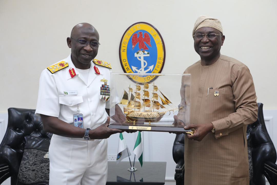 Director General, Nigerian Maritime Administration and Safety Agency, NIMASA, Dr Dayo Mobereola (right) and Chief of the Naval Staff, Vice Admiral Idi Abass during a strategic visit by the NIMASA DG to the Chief of the Naval Staff at the Naval Headquarters in Abuja.