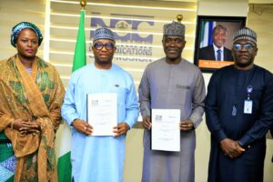 L - R; Barr.  Rimini Makama, Executive Commissioner Stakeholder Management, Nigerian Communications Commission, NCC;  Dr Vincent Olatunji, National Commissioner and CEO, Nigeria Data Protection Commission; Dr Aminu Maida, Executive Vice Chairman/CEO, NCC, and Engr. Abraham Oshadami, Executive Commissioner Technical Services, NCC, during the singing of the Memorandum of Understanding between NCC and NDPC, on the 5th February 2026 at the NCC Headquarters, Abuja.