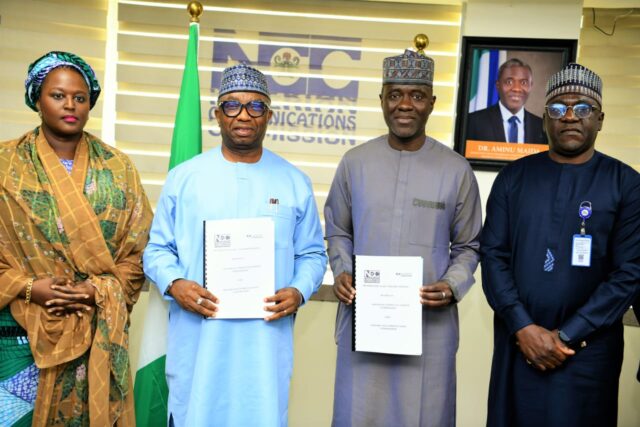 L - R; Barr. Rimini Makama, Executive Commissioner Stakeholder Management, Nigerian Communications Commission, NCC; Dr Vincent Olatunji, National Commissioner and CEO, Nigeria Data Protection Commission; Dr Aminu Maida, Executive Vice Chairman/CEO, NCC, and Engr. Abraham Oshadami, Executive Commissioner Technical Services, NCC, during the singing of the Memorandum of Understanding between NCC and NDPC, on the 5th February 2026 at the NCC Headquarters, Abuja.