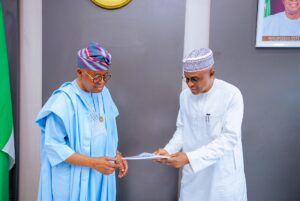L-R: Minister of Marine Blue Economy, Adegboyega Oyetola; Managing Director/Chief Executive Officer, Nigerian Ports Authority (NPA), Dr Abubakar Dantsoho when the NPA boss visited the office of the Minister in Abuja...recently
