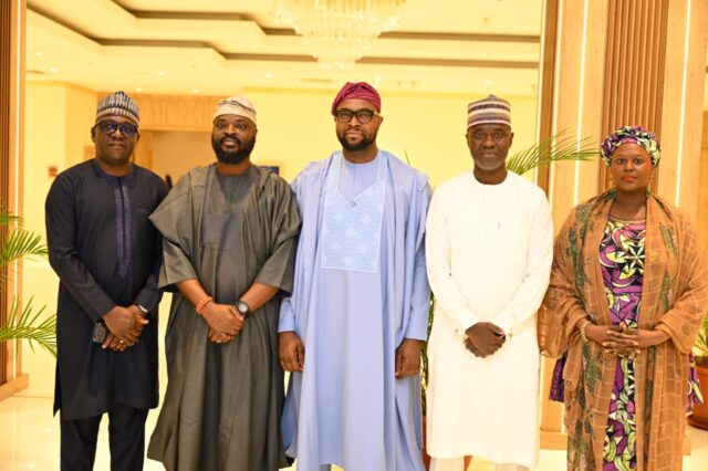 L- R: Engr Abraham Oshadami, Executive Commissioner Technical Services, Nigerian Communications Commission (NCC)/ Board Member Universal Service Provision Fund (USPF); Chief Idris Olorunnimbe, Chairman, NCC/Vice Chairman, USPF Board; Dr. Bosun Tijani, Hon Minister of Communications, Innovation and Digital Economy/ Chairman, USPF Board; Dr. Aminu Maida, Executive Vice Chairman/ CEO, NCC; Barr. Rimini Makama, Executive Commissioner Stakeholder Management, NCC/ Board Member USPF, during the Inauguration Ceremony of USPF Board on the 27th March 2026 at the Abuja Intercontinental Hotel.