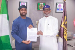 Executive Chairman, Nigeria Revenue Service (NRS), Zacch Adedeji (left), Minister of Solid Minerals Development, Mr Dele Alake during a collaborative meeting on mineral royalty administration at Alake’s office in Abuja.