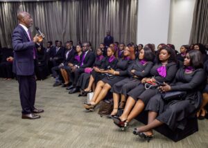 Polaris Bank MD/CEO, Kayode Lawal, engages newly graduated PGIT/PTIP cohorts, at the graduation ceremony held in Lagos last Thursday.