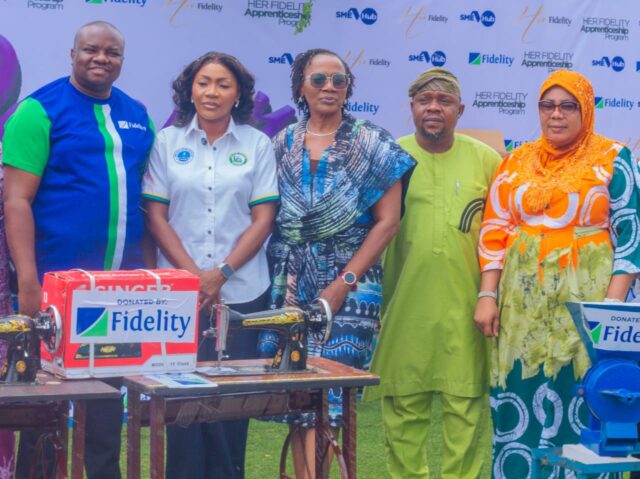 L-R: Regional Bank Head, Southwest 1, Fidelity Bank Plc, Mr. Folaranmi Jemirin; Commissioner for Women Affairs and Social Development, Ogun State, Hon. Adijat Adeleye-Oladapo; Head, Women Banking, Fidelity Bank Plc, Mrs. Harriba Harry-Pepple; Local Government Education Authority (LGEA) Board Chairman, Ogun State, Hon. Oluwaseyi Oyekan; and one of the beneficiaries at Fidelity Bank’s donation of vocational tools to women at the “Give Her Power” Initiative in Abeokuta, Ogun State, recently.