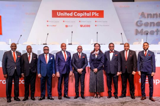 Photo Caption L-R: Oladipupo Fatokun, Independent Non-Executive Director, United Capital Plc; Ayodeji Adigun, Group Executive Director & Chief Operating Officer, United Capital Plc; Sunny Anene, Deputy Group Chief Executive Officer, United Capital Plc; Uche Ike, Chairman, Non-Executive Director, United Capital Plc; Peter Ashade, Group Chief Executive Officer, United Capital Plc; Rose Nat Eshiett, Independent Non-Executive Director, United Capital Plc; Dr Leo Okafor, Group Company Secretary/General Counsel, United Capital Plc; Chiugo Ndubisi, Non-Executive Director, United Capital Plc; and Samuel Nwaeze, Non-Executive Director, United Capital Plc; at the 13th Annual General Meeting for United Capital Plc held in Abuja.