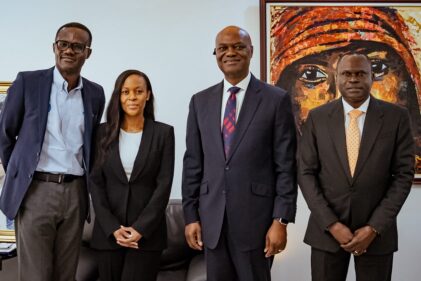L - R: Mr. Kenneth Irabor, Head, Risk Management, Dangote Cement; Dr. Pontsho B. Mokoena, Group Chief Risk Officer, Dangote; Mr. Kevin Ugwuoke, President, Chartered Risk Management Institute of Nigeria (CRMI) and Executive Director, Risk Management, Fidelity Bank Nigeria Plc; and Mr. Victor Olannye, Ph.D, FCRM, Registrar/Chief Executive Officer, CRMI; during a courtesy visit on the institute’s president in Lagos recently.