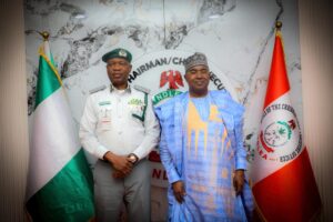 L-R: Comptroller-General of Customs, Adewale Adeniyi, and NDLEA Chairman/Chief Executive Officer, Brigadier General Mohamed Buba Marwa (rtd), during the strategic meeting, held on Monday, 27 April 2026, at the NDLEA Headquarters in Jahi, Abuja,