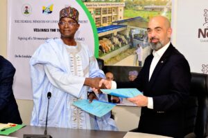 L-R: Honourable Minister of Livestock Development, Mukhtar Idi Maiha and the Managing Director/CEO of Nestlé Nigeria Plc, Wassim Elhusseini, at the signing of the MOU to establish a Dairy Technical Skills Development Centre
