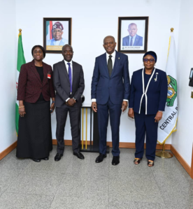 L - R: Olatokunboh Oyeleye, Director, Cybersecurity and Internet Governance, Nigerian Communications Commission, NCC; Dr. Aminu Maida, Executive Vice Chairman/CEO, NCC; Mr Olayemi Cardoso, Governor of Central Bank of Nigeria; Dr. Rakiya Opemi Yusuf, Director, Payment System Supervision Department, CBN, during the signing of Memorandum of Understanding between NCC and CBN, on the 20th of April 2026, At CBN Headquarters Abuja