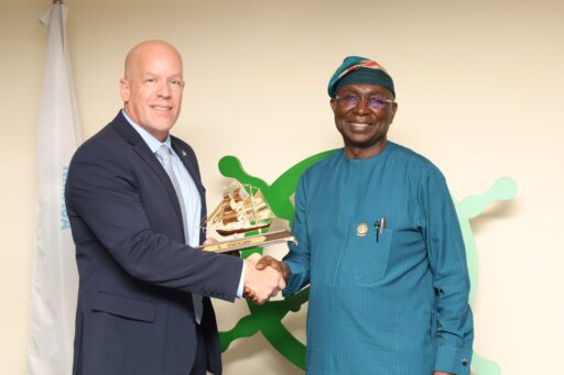 Director General, Nigerian Maritime Administration and Safety Agency, NIMASA; Dr. Dayo Mobereola making a presentation to the Chief of International Port Security Operations, Mr. Bryan Ullmer after a visit to key port facilities in Lagos by the USCG team.