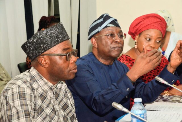 Director General, Nigerian Maritime Administration and Safety Agency, NIMASA; Dr. Dayo Mobereola flanked by the Deputy Director, Planning Research and Data Management Services Department, NIMASA; Dr. Felix Ezeji (left) and Assistant Director, Public Relations, NIMASA, Abuja Zonal Office; Mrs. Chika Chukwudi during the 2026 budget defence with the House of Representatives Committee on Maritime Safety Education and Administration with NIMASA.