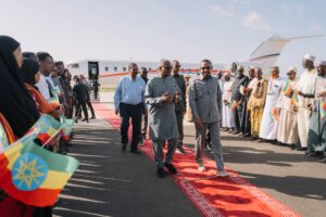 L-R: President of Dangote Group, Aliko Dangote, being welcome by the Prime Minister of Ethiopia, Abiy Ahmed to Gode, in Ethiopia’s Somali region, during an inspection of the fertiliser plant under construction in Gode, Ethiopia, over the weekend