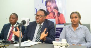 Omoniyi Ajayi (Middle), Group Managing Director/ Chairman, Financial Trust Company (FTC), Pelemo Okikiola (L), Managing Director, and Orji Amarachi, IT Manager at Press Briefing on the forthcoming 50th Anniversary of FTC in Lagos yesterday