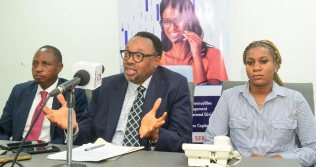 Omoniyi Ajayi (Middle), Group Managing Director/ Chairman, Financial Trust Company (FTC), Pelemo Okikiola (L), Managing Director, and Orji Amarachi, IT Manager at Press Briefing on the forthcoming 50th Anniversary of FTC in Lagos yesterday