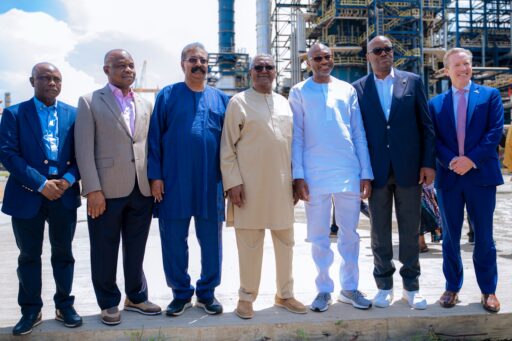 L-R, Vice President Oil & Gas, Dangote Industries Limited, Devakumar Edwin; President, Dangote Industries Limited, Aliko Dangote; Group Chairman, FirstHoldCo, Femi Otedola; during the visit of First Bank's management' to Dangote Petroleum Refinery Petrochemicals and Fertiliser Plant Lekki Lagos on Wednesday 20, May 2026