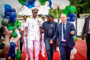 L-R: Representative of the Chief of Naval Staff, Flag Officer Commanding (FOC) Western Naval Command, Rear Admiral Abdullahi Mustapha, Director General Nigerian Maritime Administration and Safety Agency, NIMASA Dr. Dayo Mobereola and Chief Executive Officer, HLSi, Tal Spektor, during the Deep Blue maritime training graduate ceremony in Lagos.