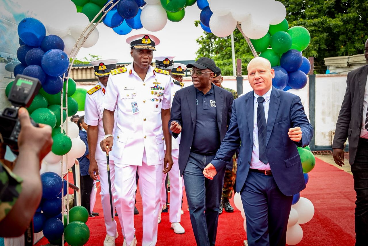L-R: Representative of the Chief of Naval Staff, Flag Officer Commanding (FOC) Western Naval Command, Rear Admiral Abdullahi Mustapha, Director General Nigerian Maritime Administration and Safety Agency, NIMASA Dr. Dayo Mobereola and Chief Executive Officer, HLSi, Tal Spektor, during the Deep Blue maritime training graduate ceremony in Lagos.