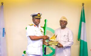 Director General and Chief Executive Officer of The Nigerian Maritime Administration And Safety Agency, NIMASA, Dr Dayo Mobereola; Hydrographer of the Federation; Rear Admiral Olumide Fadahunsi, during a meeting at the NIMASA Headquarters, Lagos.