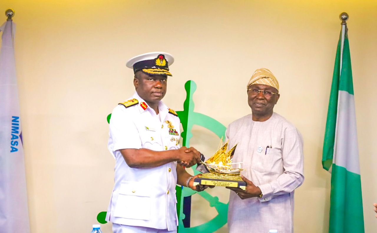 Director General and Chief Executive Officer of The Nigerian Maritime Administration And Safety Agency, NIMASA, Dr Dayo Mobereola; Hydrographer of the Federation; Rear Admiral Olumide Fadahunsi, during a meeting at the NIMASA Headquarters, Lagos.
