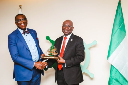 Director General, Nigerian Maritime Administration and Safety Agency, NIMASA; Dr. Dayo Mobereola (Right); making a presentation to the Honorary Consul of the Republic of Liberia in Lagos, Mr. Dapo Akinosun, SAN; when the Honorary Consul paid a visit to the NIMASA headquarters in Lagos.