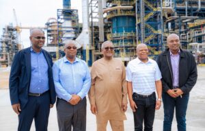 L-R: Chief Executive Officer, Public Investment Corporation (PIC), Patrick Dlamini; Deputy Chairperson, PIC, Dr Mongwena Maluleke; President/Chief Executive, Dangote Industries Limited, Aliko Dangote; Chairperson, Government Employees Pension Fund (GEPF), Frans Baleni; and Principal Executive Officer, GEPF, Musa Mabesa, during the strategic visit of the leadership of GEPF & PIC to the Dangote Petroleum Refinery & Petrochemicals, Lekki, Lagos, at the weekend.