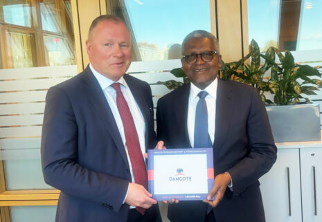 President-CE: L-R: CEO, Norges Bank Investment Management (NBIM), Nicolai Tangen and President/CE, Dangote Industries Limited, Aliko Dangote during a meeting in Norway President/CE, Dangote Industries Limited, Aliko Dangote during a at a fireside chat session in Norway