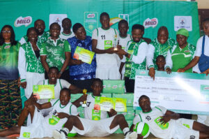 Group photograph of students from Davidhall International College, Ikoyi, Lagos State, winners of the boys' category at the 26th MILO Basketball Championship Western Conference Finals.