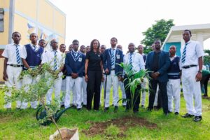 Caption: L - R: Managing Director/CEO, UBA Foundation, Bola Atta; Principal, CMS Grammar School, Jacob Ayokunle Ogunyinka, and Health, Safely and Environment (HSE) Manager, United Bank for Africa(UBA), Khalid Agboola; flanked by students of CMS Grammar School, Bariga, during the UBA Foundation Tree Planting Exercise held at the school in commemoration of World Environment Day 2026 at the weekend