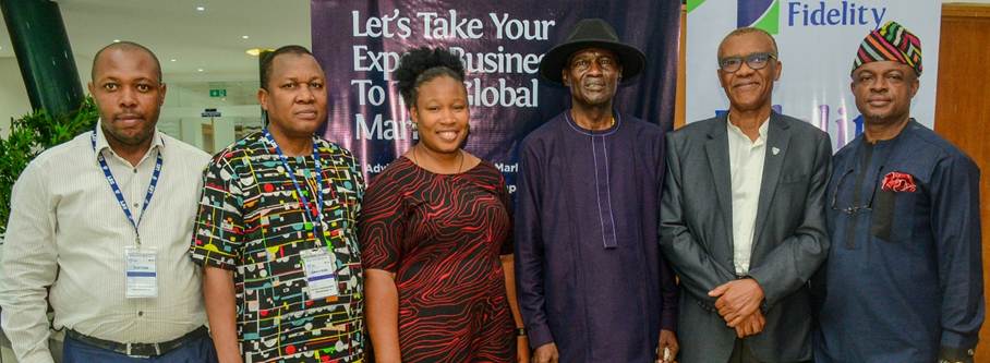 L-R: Relationship Manager, Fidelity Bank Plc, Murtala Muhammed Road Branch, Kano, Victor Ngwu; Export Management Programme (EMP 19) participant, Abayomi Adewuyi; Facilitator, Gemma Ejiofor; Senior Fellow and Head, Department of Organisational Behaviour and Human Resources Mgt., Lagos Business School (LBS), Dr. Uche Attoh; Director, Export Management Programme, LBS, Prof. Frank Ojadi; and Team Lead, Export & Agriculture, Fidelity Bank Plc, Emmanuel Nwalor, during the closing ceremony of the 19th edition of the Fidelity Bank Export Management Programme (EMP 19) held recently at Lagos Business School, Lagos.